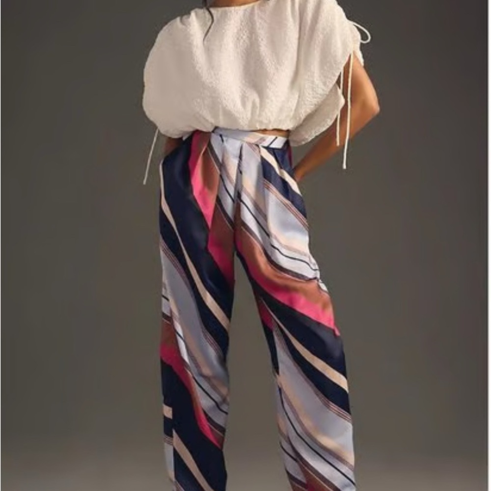 Maeve Anthropologie Silky Balloon Pants in a multi-color striped pattern